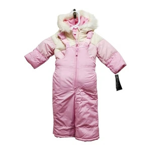 London Fog Baby Mädchen rosa Schneeanzug Set 18M mit Kunstfell Kapuze & Lätzchen isoliert - Bild 1 von 10