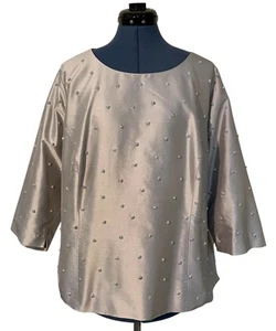 Talbots Silk Gray Silver Beaded Top Back Zip Wedding Glam Old Money Elegant 16W - Picture 1 of 12