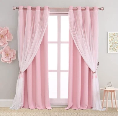 Pink Sheer Lace Overlay Princess Drapes Darkening Privacy Curtains Grommet 52x84 - Image 1 of 4