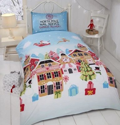 Gingerbread Town Single Duvet Quilt Cover Christmas Xmas Santa Bedding Set Blue - Image 1 of 4