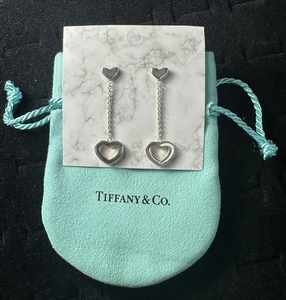Tiffany & Co Sterling Silver Open Heart Drop Earrings w/ Pouch - Picture 1 of 10