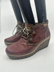 Pikolinos Size 7.5 Womens Zafiro & Olmo Maple Leather Wedge Ankle Boot Burgundy - Picture 1 of 14