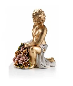 PUTTO ANGELO STATUA CORNUCOPIA CON FIORI IN CERAMICA FOGLIA ORO E AVORIO - Imagen 1 de 1