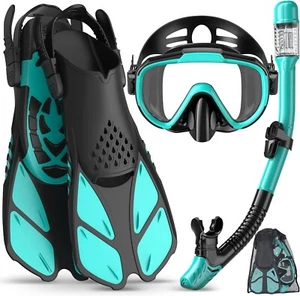 Snorkeling Gear for Men Women 4 in1 Snorkel Set Diving Mask Dry Top Snorkel Fins - Picture 1 of 12