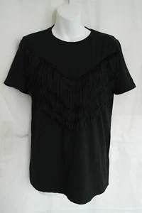 ZARA TRAFALUC WOMEN'S BLACK FRINGED T-SHIRT SIZE S (WTS32) BNWT - Picture 1 of 3