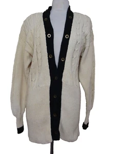 Vintage Jeene Cardigan Sweater Medium Women Beige Cotton Knit Black Trim NWT - Picture 1 of 6