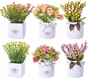 6Pcs Artificial Flowers with Ceramic Pot Fake Flower Arrangements Small Faux Spr - Picture 1 of 12