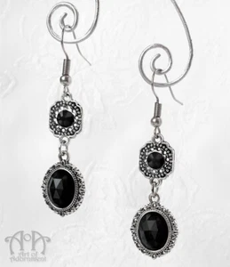 Gothic Antique Silver BLACK CRYSTAL EARRINGS Rhinestone Victorian Style Drop - Picture 1 of 2