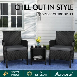 ALFORDSON Outdoor Furniture 3PCS Wicker Bistro Set Patio Chairs Table Black - Picture 1 of 12