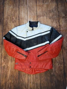 Vintage Schott Leather Motorcycle Jacket Red/Black/White Colorblock Quilted Lini - Picture 1 of 10