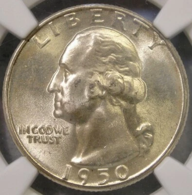 1950 D WASHINGTON SILVER QUARTER ATTRACTIVE LUSTER CHOICE PQ+ SCARCE *NGC MS 67* - Image 1 of 4