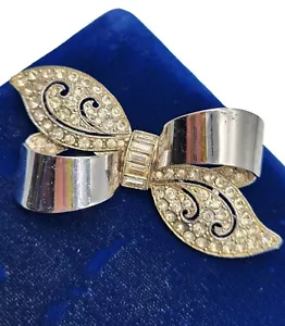 Spilla nastro grande fiocco pavè argento strass trasparente vintage - Foto 1 di 14