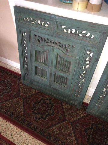 Hand Carved Wood Shutters Window Mirror 2 Doors Nice Farmhouse Wall Art Cover