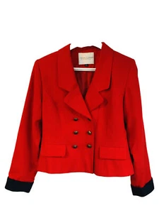 Casual Corner Bold Red Blazer Size 6 Double Breasted Gold Buttons Navy Cuffs - Picture 1 of 13