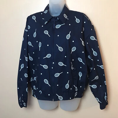 Lizsport синий белый теннис ракетка печать вентилируемый нейлона куртка женщин M винтажный - Изображение 1 из 4