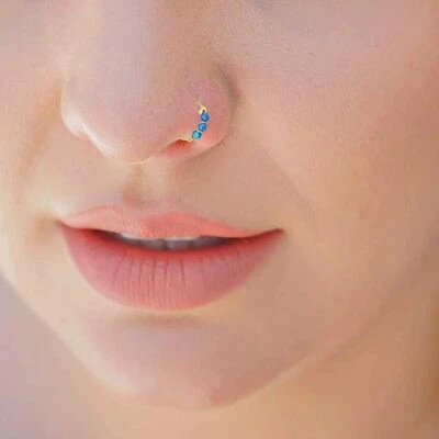 8mm 14K Solid Yellow Gold 2mm Opal Stones 1.5mm Plain Ball Hoop Nose Rings 22G - Image 1 of 4