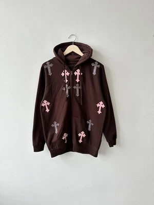 Sudadera con Capucha Marrón Cremallera Estrás Rosa Cruz Gótica Cromo Talla M Foto 1 de 4