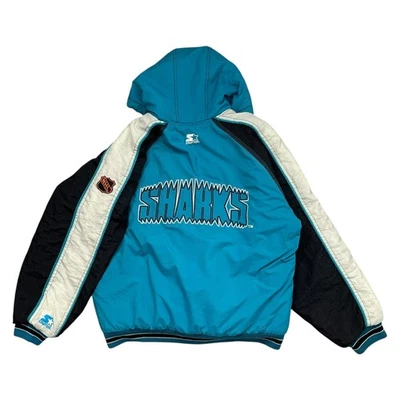 ВИНТАЖНЫЙ 90-х NHL SAN JOSE SHARKS СТАРТЕР С КАПЮШОНОМ ПУХОВИК КУРТКА РАЗМЕР L - Изображение 1 из 4