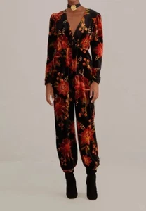 Farm Rio Black Winter Bloom V Neck Long Sleeve Jumpsuit In Multi Size Large New - Picture 1 of 3
