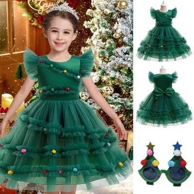 Kids Girls Xmas Tree Costume Princess School Christmas Party Fancy Dress 2-9Y - Image 1 of 4