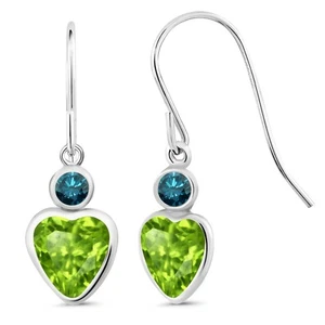 14K White Gold Peridot and Blue Diamond French Wire Dangle Hook Earrings For - Picture 1 of 4