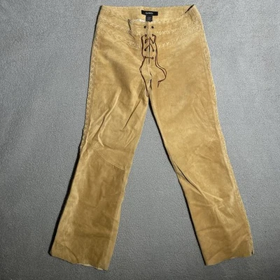 Pantalones Express Gamuza Cuero Mujer 3/4 28x28 Con Cordones Cintura Acampanada Tostado Boho Chic Foto 1 de 4