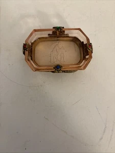 Vtg Chech Bohemian Intaglio Glass Brass & Jewel Open Salt Cellar Pink - Picture 1 of 6