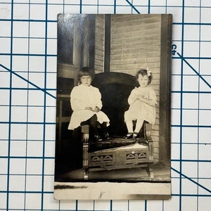 RPPC Vintage Black & White Photo Postcard of Two Children on Chair Early 1900s - Picture 1 of 3
