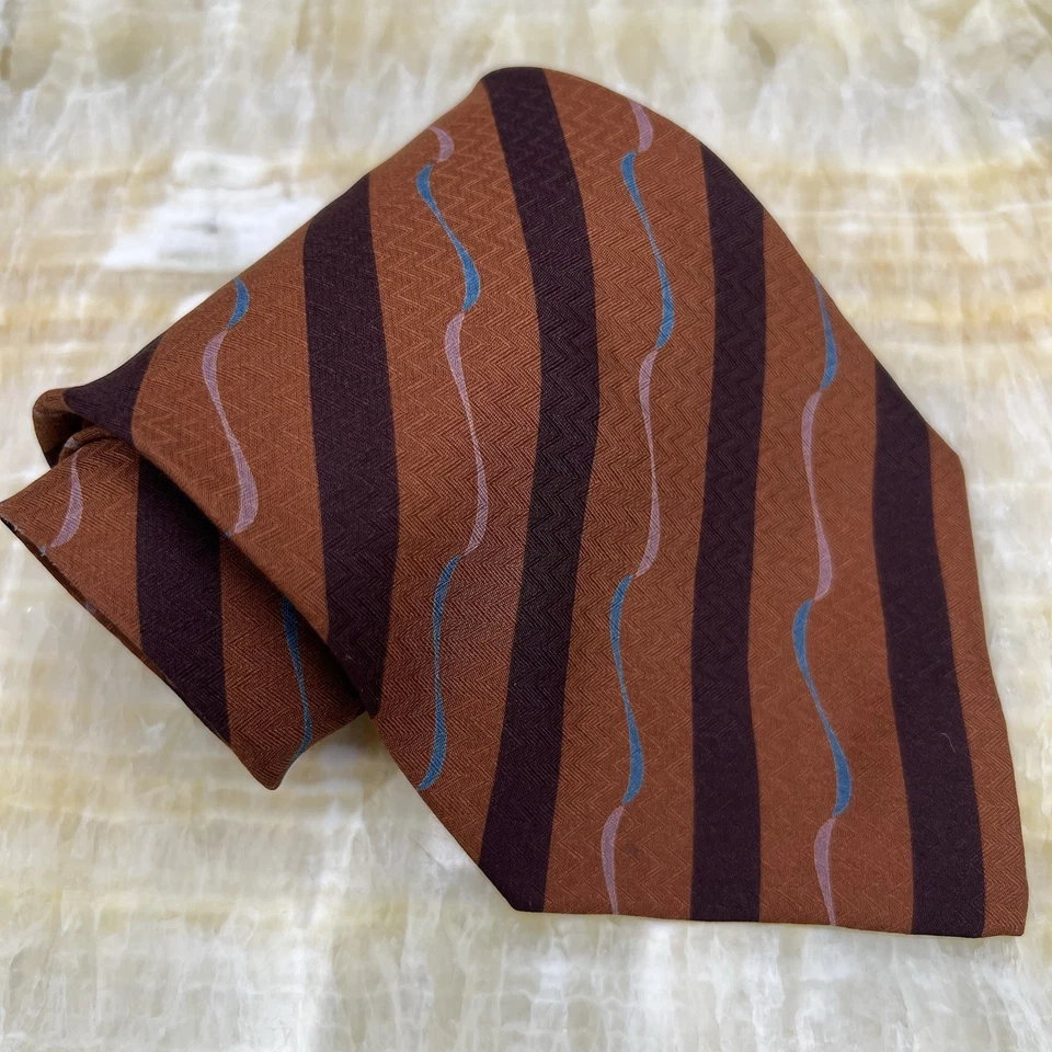 Giorgio Armani Brown Rust Burnt Orange Stripe Motif Necktie Silk Handmade Italy - Image 1 of 4