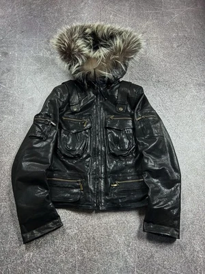 VTG STREETWEAR JAPANESE REAL LEATHER EAL FUR ITALY CARGO HOOD JACKET 90s Y2K - Image 1 of 4