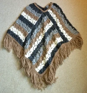 Women Sweater/Poncho-MASSIMO DUTTI-brown/gray wool/alpaca crochet fringe BOHO-S - Picture 1 of 6