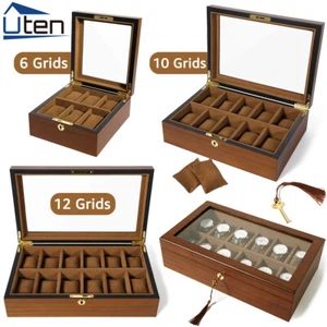 6/10/12 Grids Wooden Watch Box Glass Lid Jewelry Display Organizer Storage Case - Picture 1 of 24