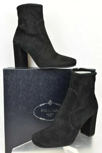 PRADA 1T193F BLACK SUEDE SHORT ANKLE ZIPPER CLASSIC PUMPS BOOTS 40 $975 ITALY - Picture 1 of 12