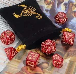 POLYHEDRAL DICE SET (7) RED -SCORPION DICE BAG, DUNGEONS AND DRAGONS, RPG, NEW - Picture 1 of 2