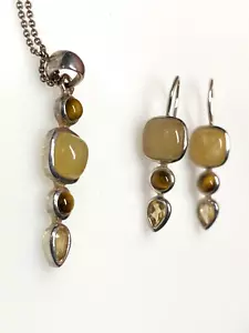 Vintage Sterling Silver 925 Jewellery Set Pendant Necklace Earrings Amber 9.82g - Picture 1 of 10