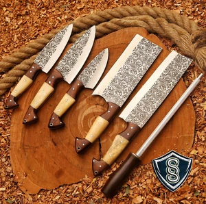 Custom Handemade Fixed Blade Damascus Steel 6Pcs Kitchen Chef Knife with Sheath - Picture 1 of 6