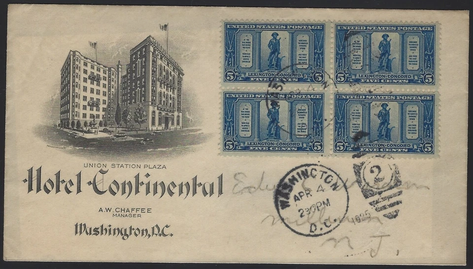 #619 Block of 4 First Day Cover - Unofficial Hotel Cachet - D.C. to N.J. (E-169) - Image 1 of 2