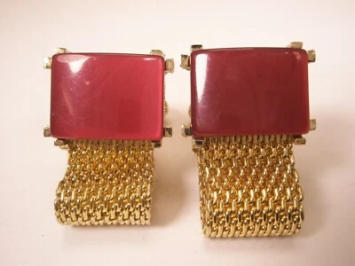 Red Acrylic Rectangles Wraparound Mesh Watchband Vintage SWANK Cuff Links - Image 1 of 4
