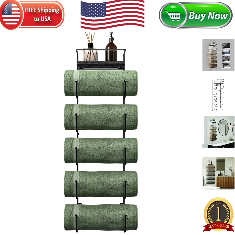 SORBUS 5 Tier Towel Rack W/ Wooden Top Shelf Black