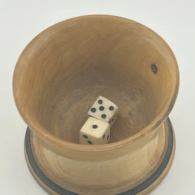 Vintage Turned Treen Wooden Dice Shaker Cup and 2 x Antique Hand Carved Dice - Image 1 of 4