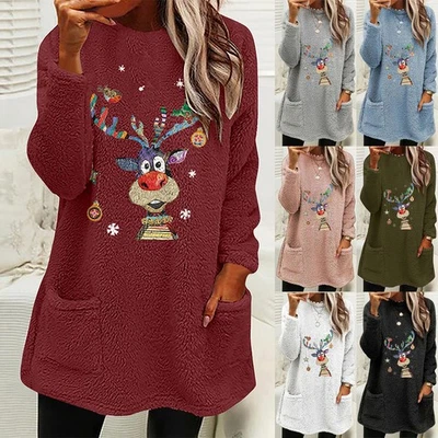 Women Christmas Reindeer Fleece Fur Xmas Casual Jumper Pullover Sweatshirts Tops - Image 1 of 4