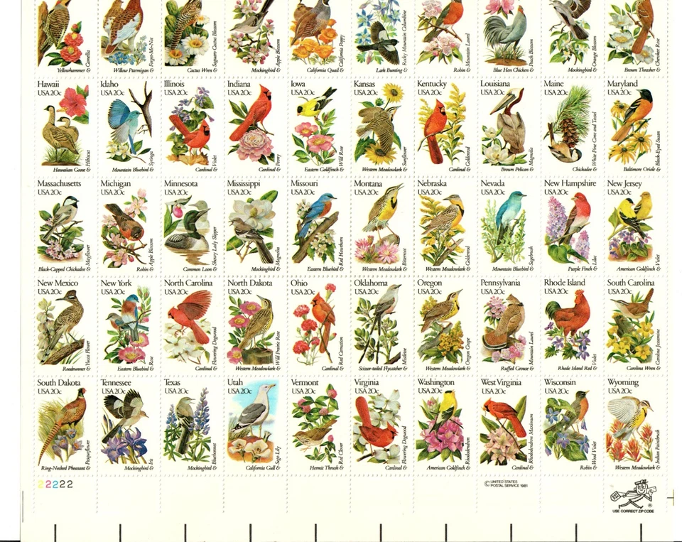 Scott 1953A-2002A 20¢ State Birds & Flower50 stamps MNH Free Shipping in the USA - Image 1 of 1