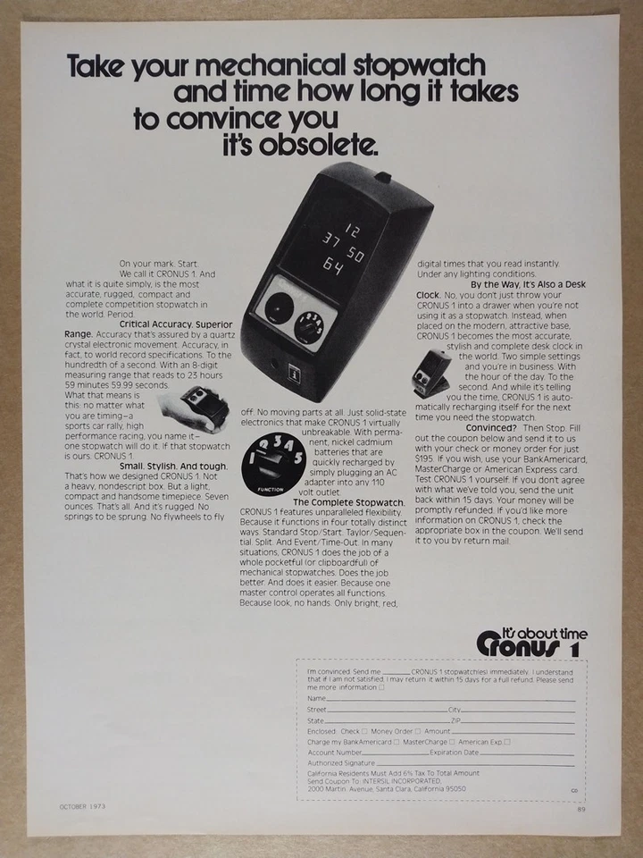 1973 Cronus 1 секундомер винтажная печатная реклама - Изображение 1 из 1