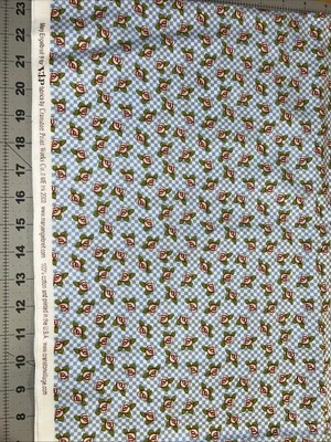 Mary Engelbreit 1 Yard 33” Pink Roses On Blue Checks Cotton Fabric - New - Image 1 of 3