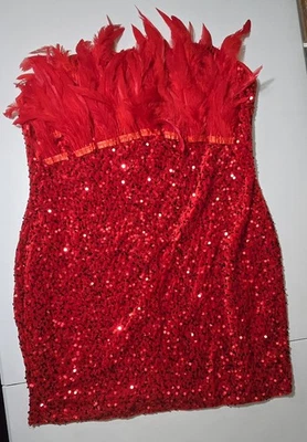 Red Sequin Feather Off Shoulder Bodycon Dress Matching Crown Size XXXL New - Image 1 of 4