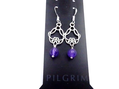 Pilgrim Damen Ohrhänger 925er Versilbert 40 mm Edelstein Amethyst Trendig Chic - Bild 1 von 3
