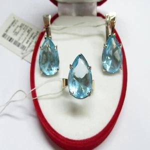 Jewelry Set Sterling Silver 925 Gold 375 Ring & Earrings Blue Alpanite Stone - Picture 1 of 8
