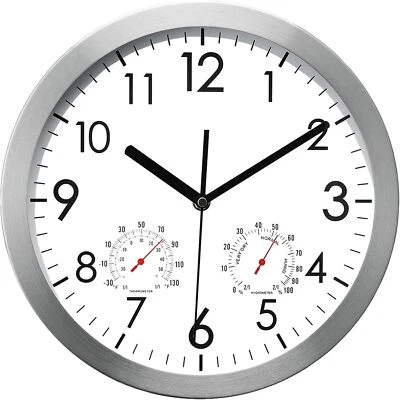 12 Inch Silent Wall Clock With Thermometer And Humidity Gauge Black Metal - Image 1 of 4