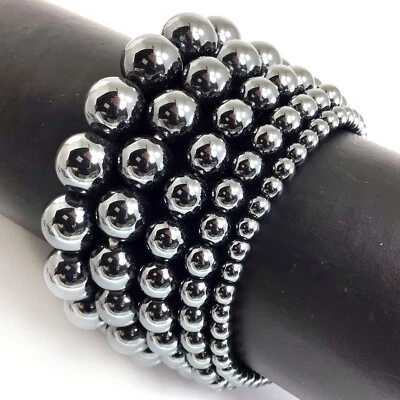 MAGNETIC Hematite Bracelet Round Beaded 7.5" Handmade Stretch 4mm 6mm 8mm - Image 1 of 4