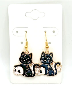 Halloween Black Cats & Skulls Enamel Dangle Drop Earrings Stainless Steel Goth - Picture 1 of 4